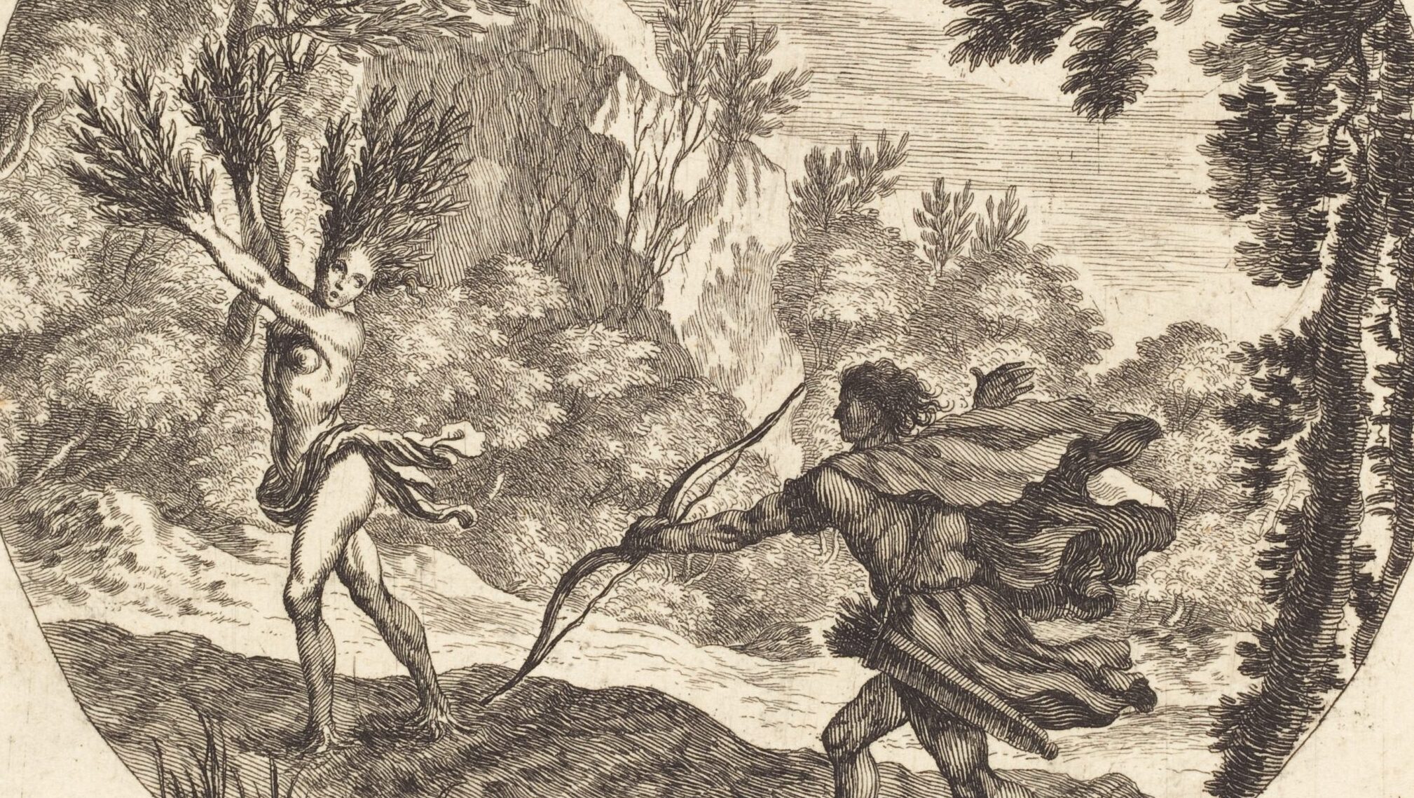Etching of partially nude woman with tree branches growing from her hands and hair, looking back at a man with a bow and quiver of arrows
